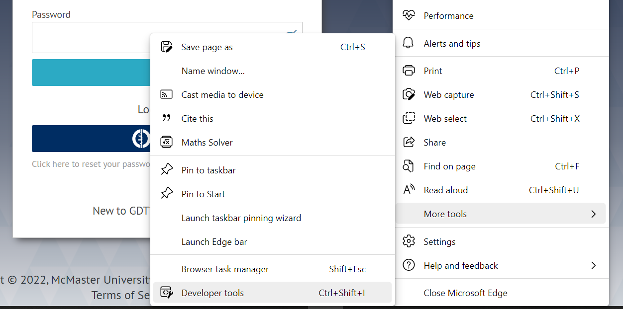 list of 'More tools' options in Edge browser settings window
