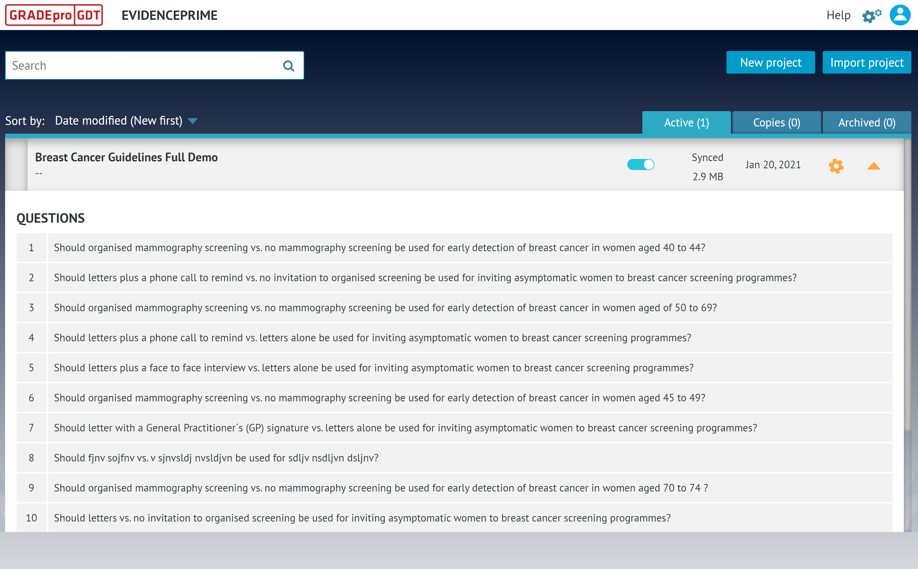 The right-hand arrow allows previewing the project’s PICO questions after they are created