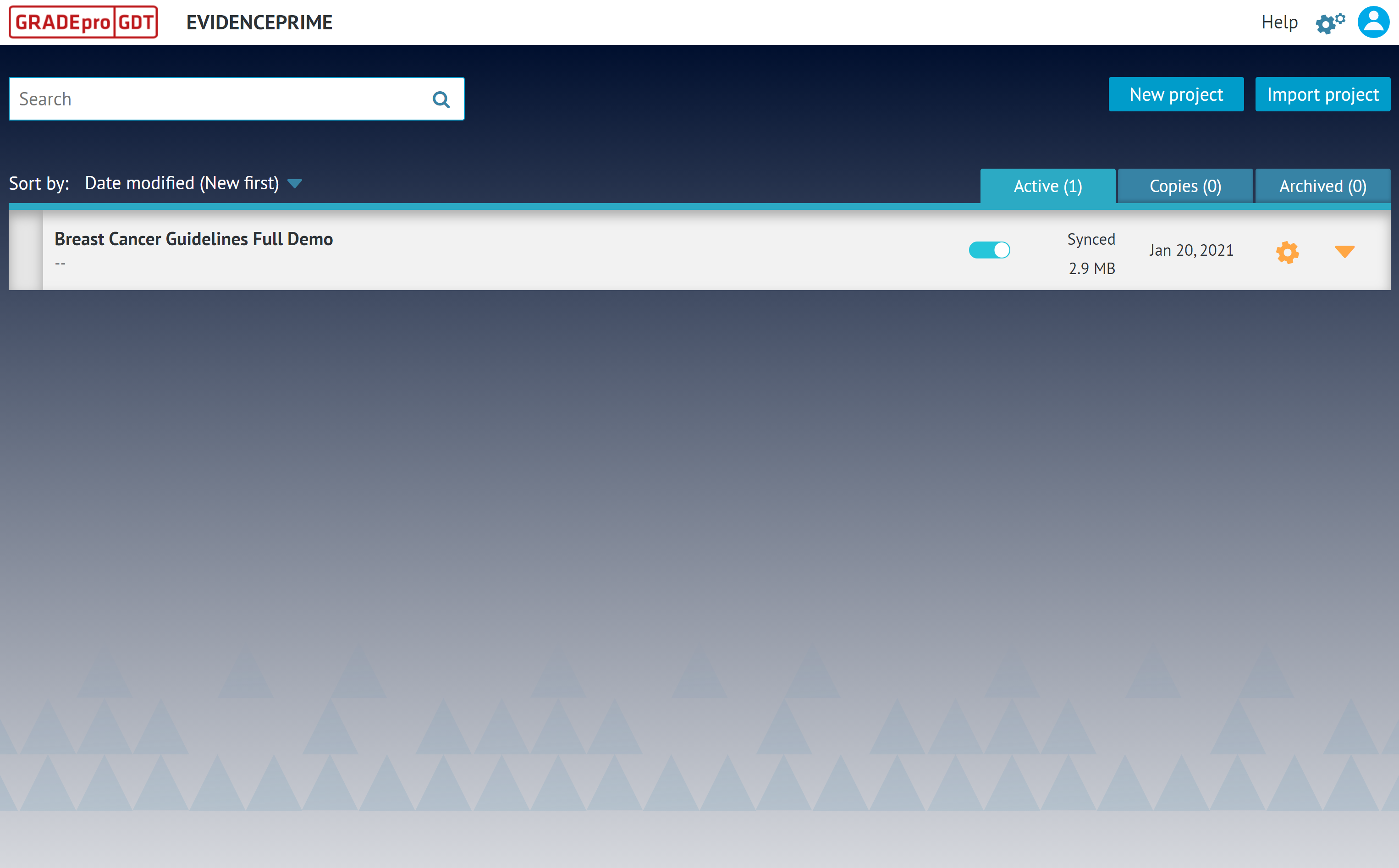 screenshot of list of 'active' projects in workspace dashboard