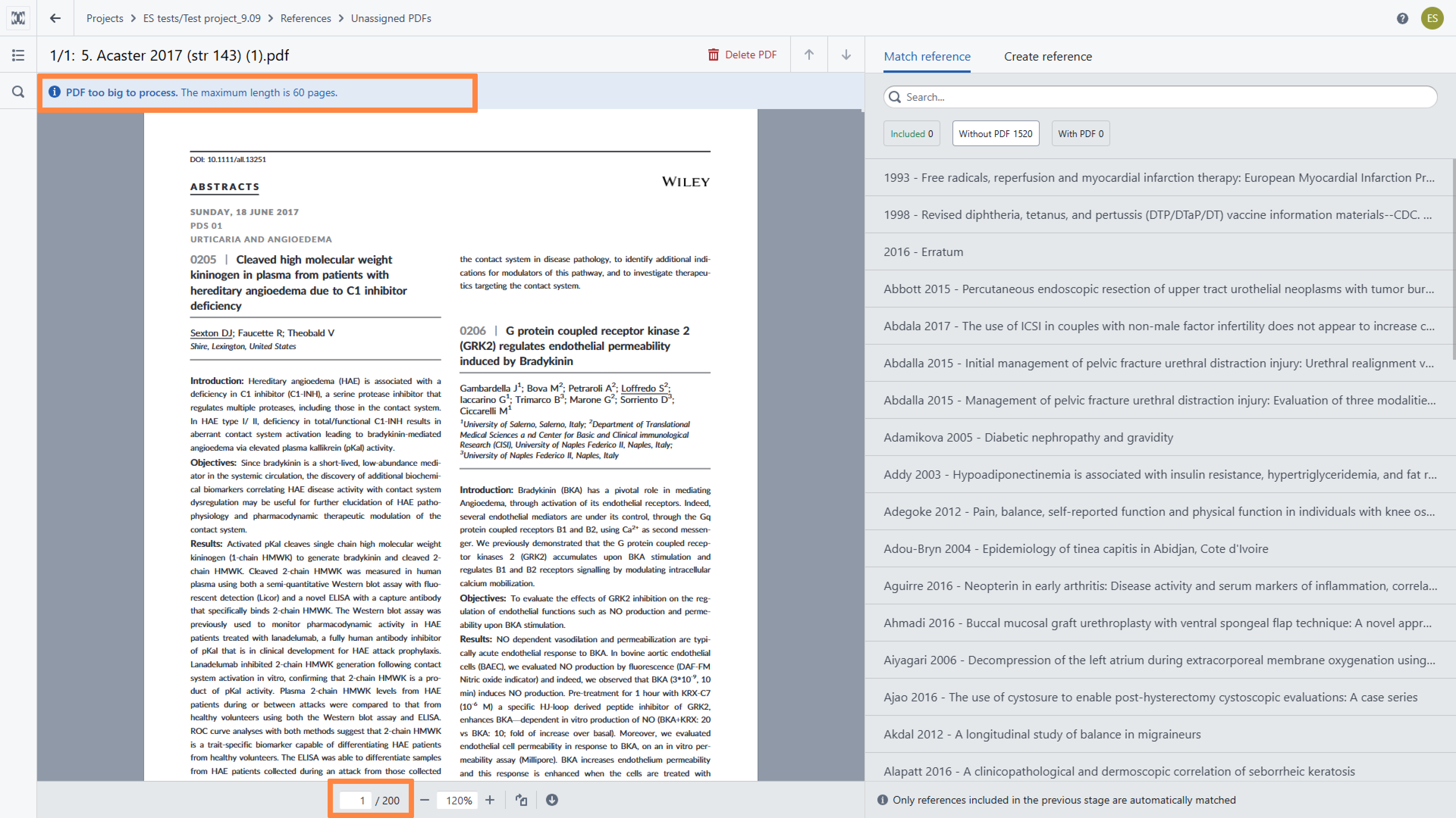 A panel for PDF matching with information about the inability to match the PDF due to its large file size. 