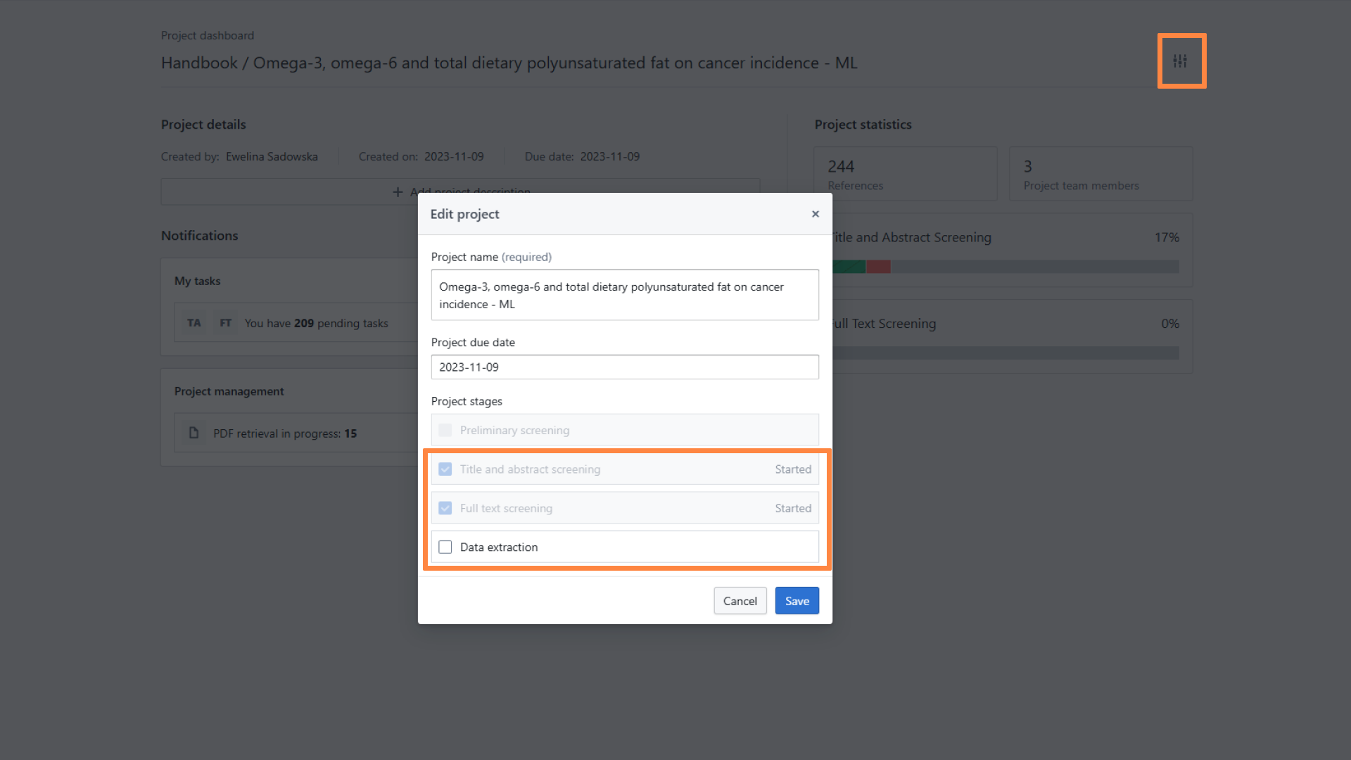 Project settings panel with an option to select or deselect stages