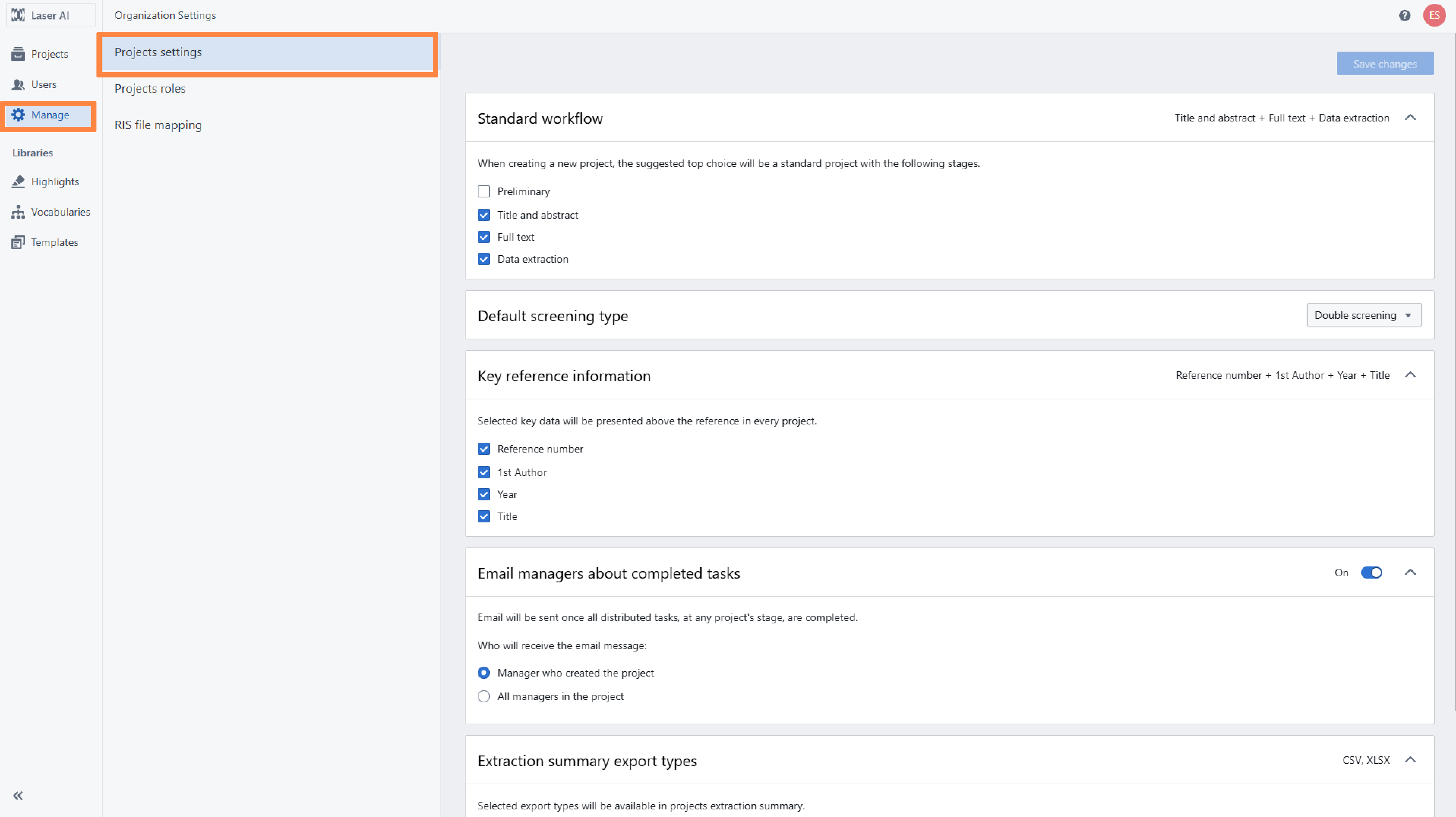 Project Settings tab in the Organisation Settings panel 