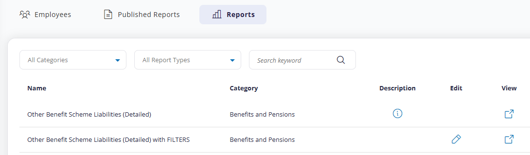 Reports List showing edit button