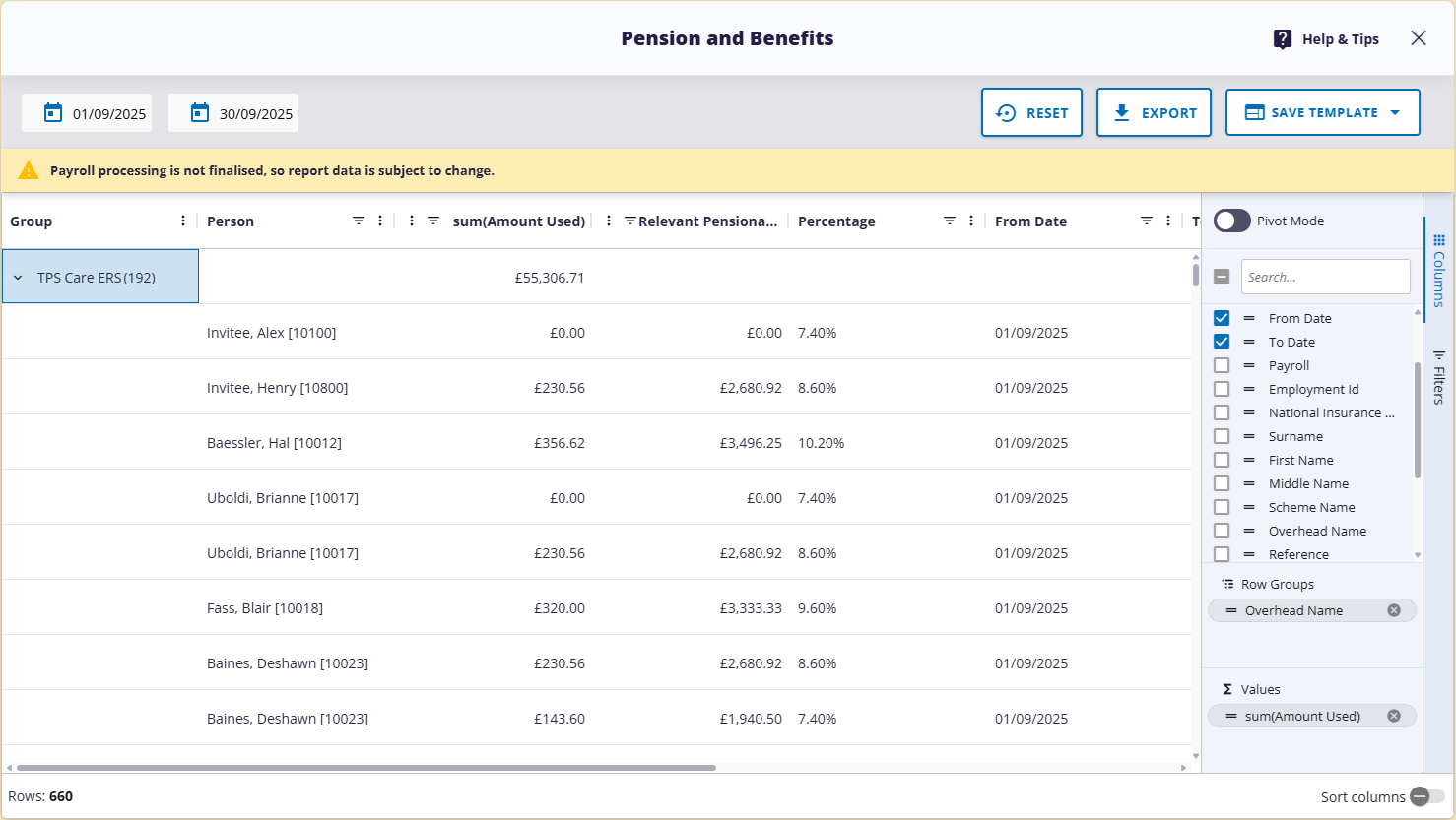 Example of Report screen