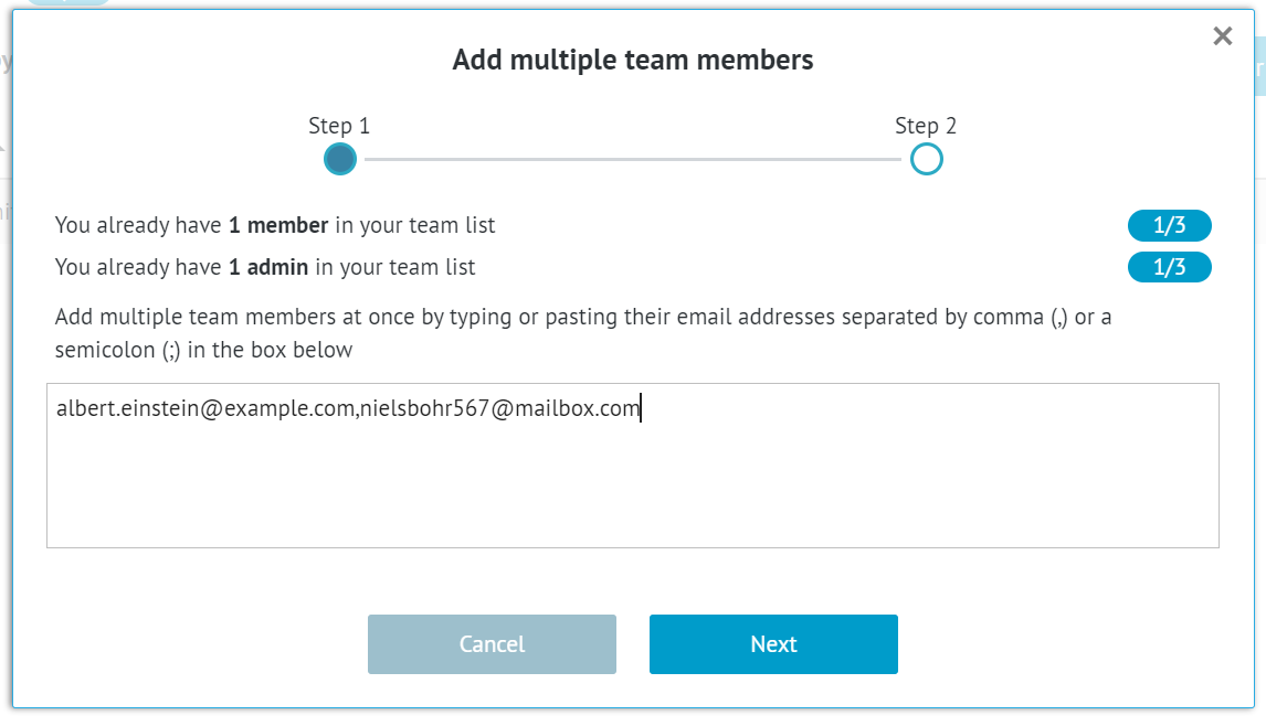 window for email addresses of multiple new team members
