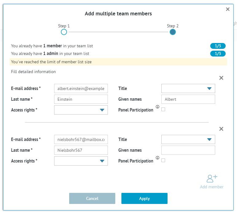 window for details of multiple new team members