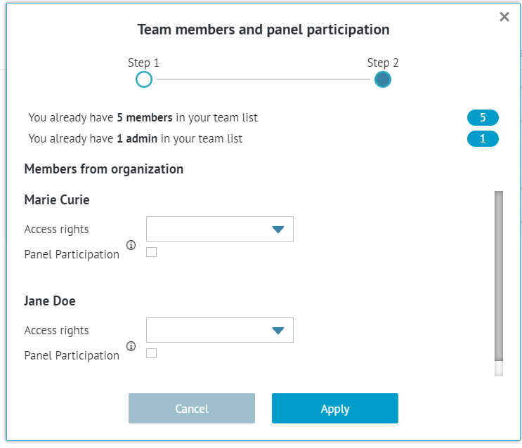 window for panel participation and access rights of new member of the project