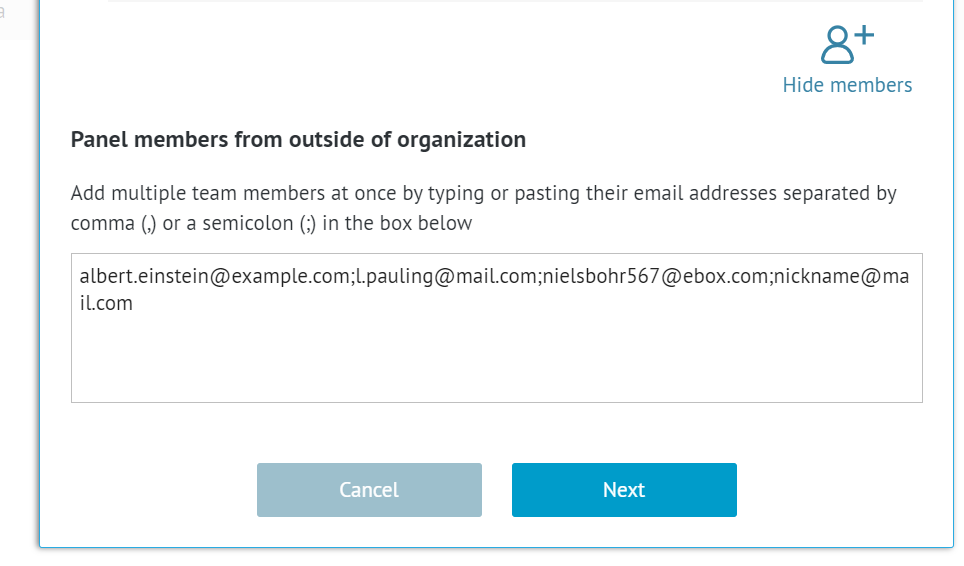 window with email addresses of multiple new panel members
