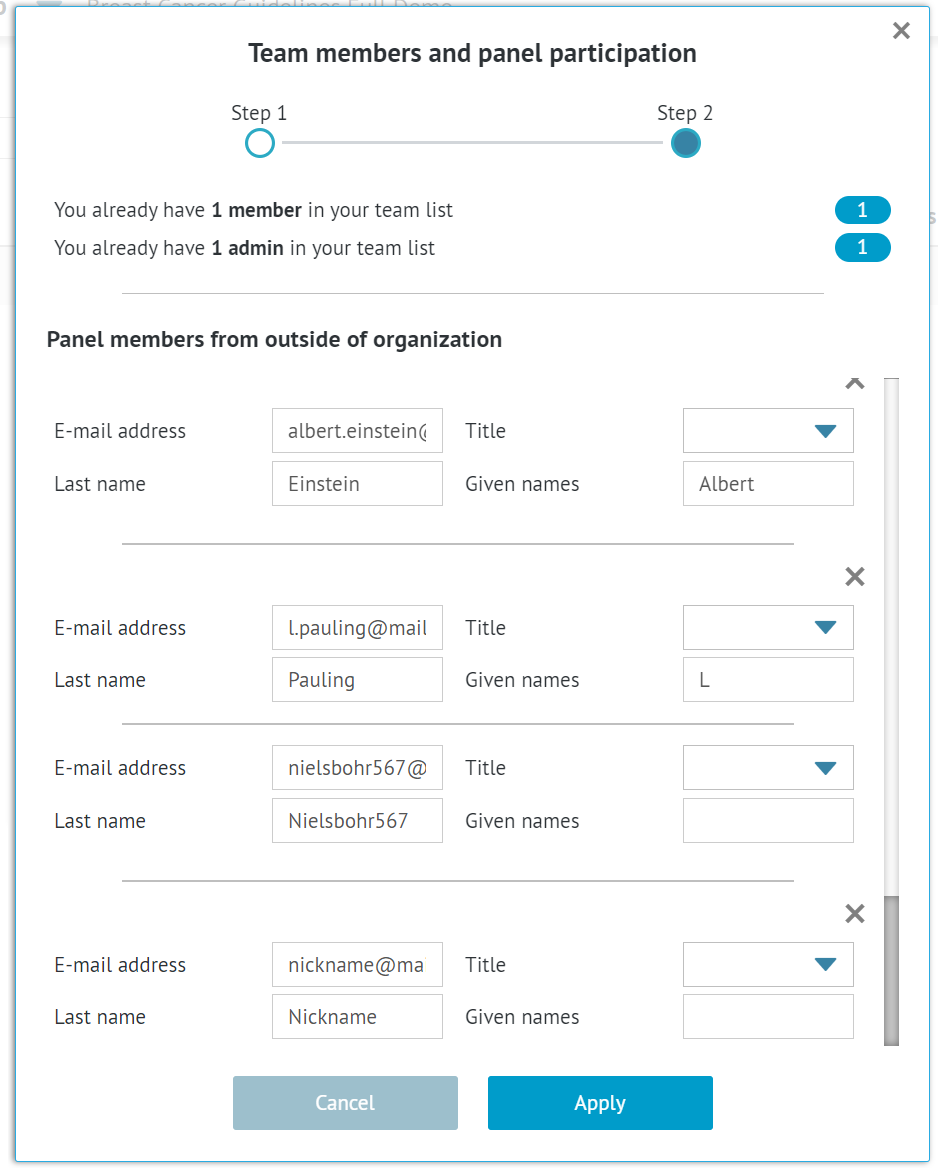 window for details (email, first and last name and title) of new panel members of the project