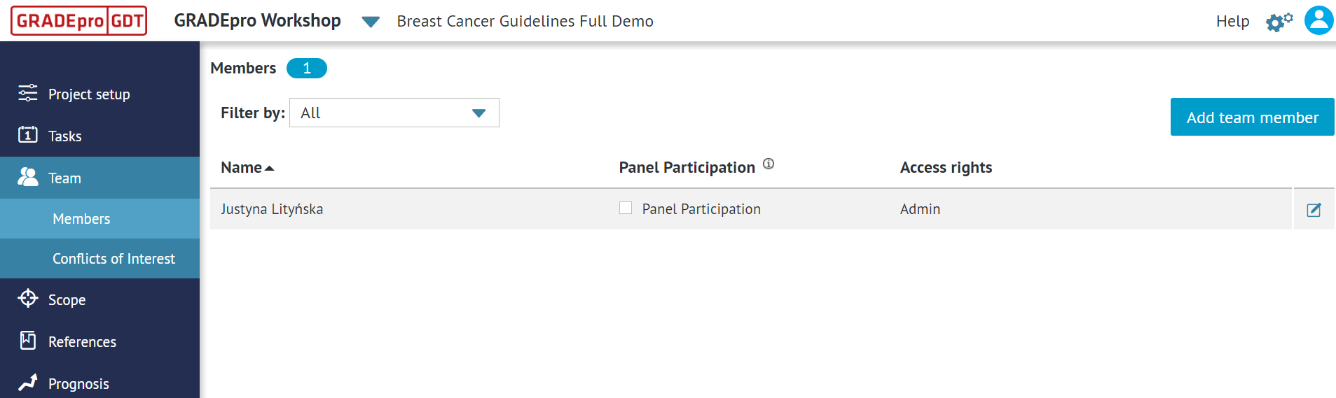 view of 'Team' tab of the project presenting 'Members' section with name, panel participation and access rights of team members