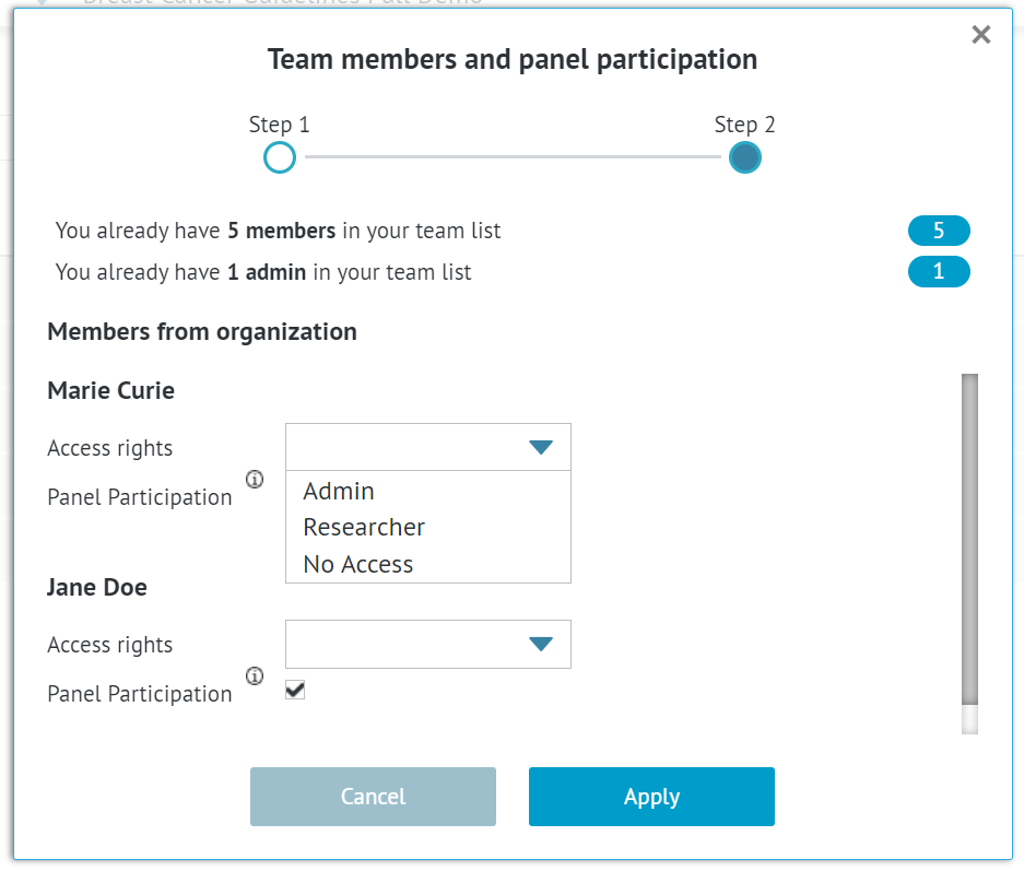 window for panel participation and access rights of new members of the project