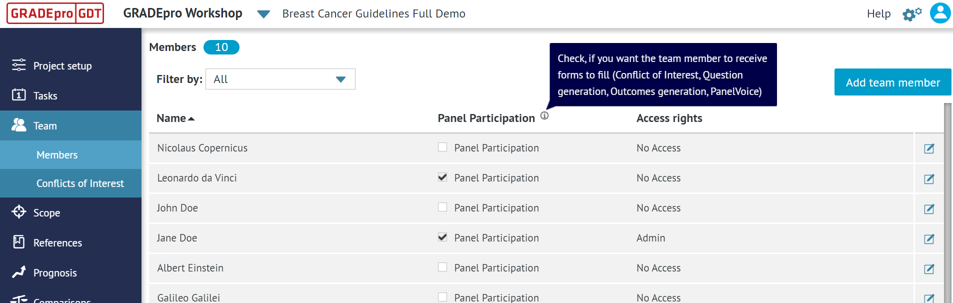view of 'Team' tab of the project presenting 'Members' section with cursor pointed on special character ⓘ and its explanation