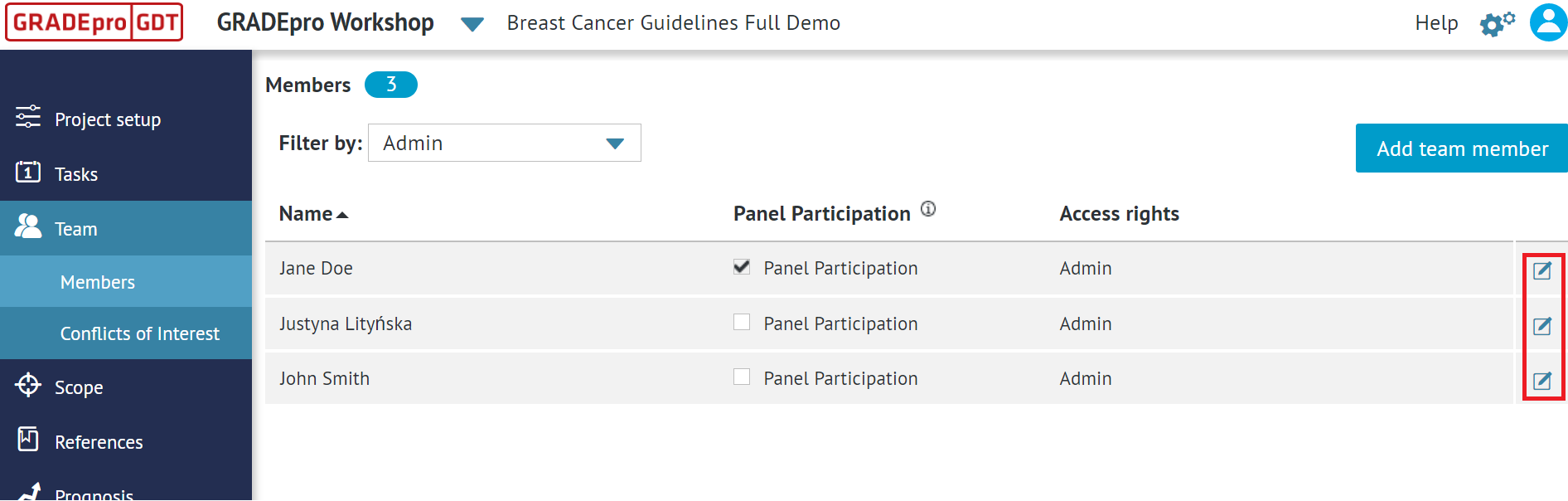 view of 'Team' tab of the project presenting 'Members' section with editing button available at the end of the line with user name