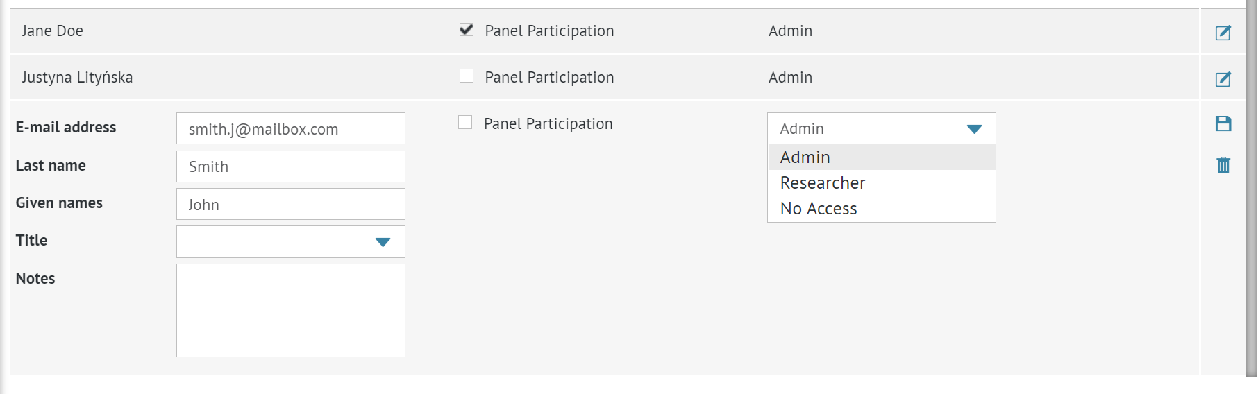 panel with member's details (last and given name, email, title, panel participation and access rights) visible after clicking editing button