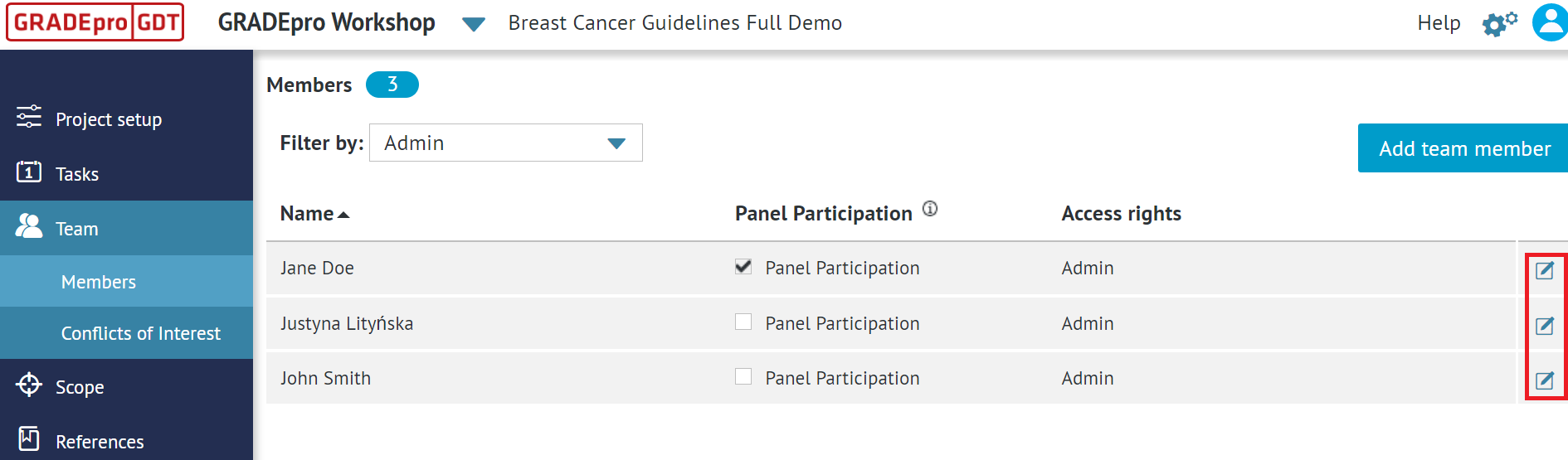 view of 'Team' tab of the project presenting 'Members' section with editing button available at the end of the line with user name marked in red