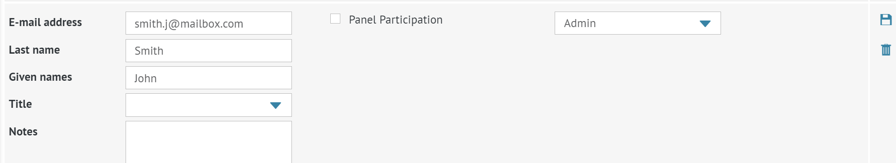 panel with member's details (last and given name, email, title, panel participation and access rights) visible after clicking editing button