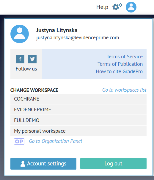 screenshot of user menu