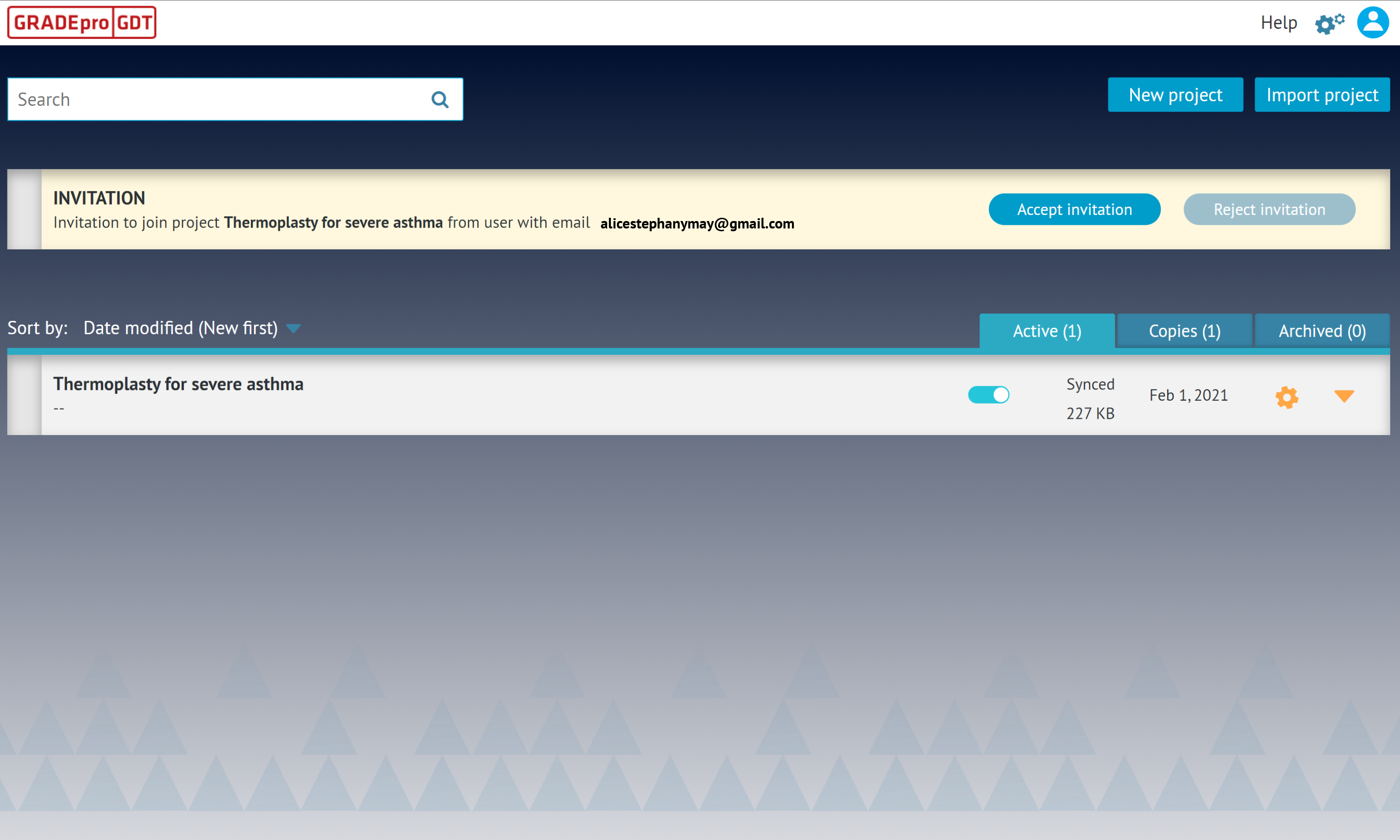 screenshot of main GRADEpro dashboard with notification about project invitation