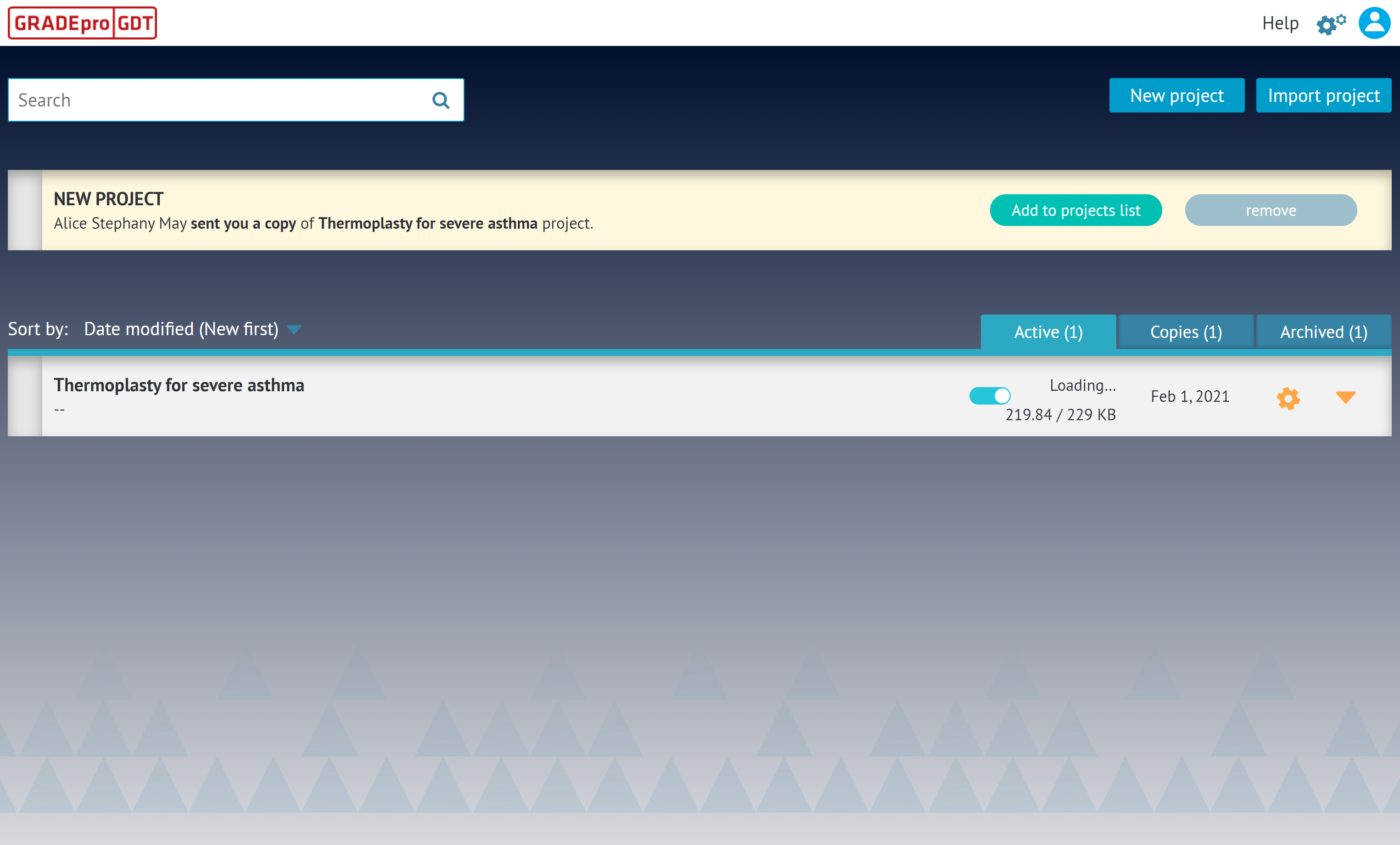 screenshot of main GRADEpro dashboard with notification about shared copy of the project