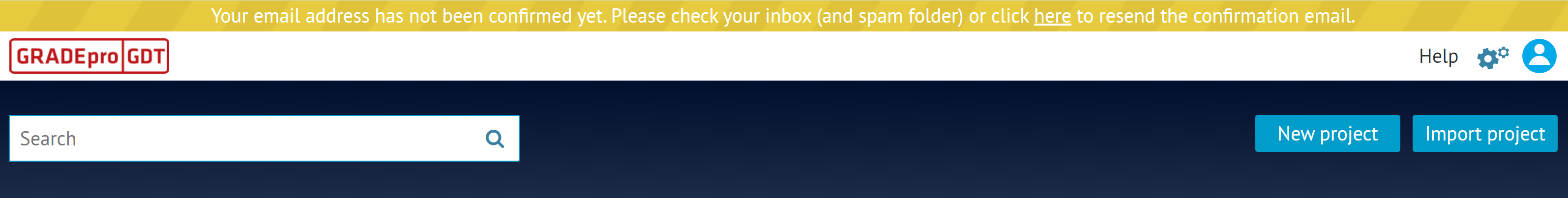 screenshot of main GRADEpro dashboard with notification about confirmation of user's email