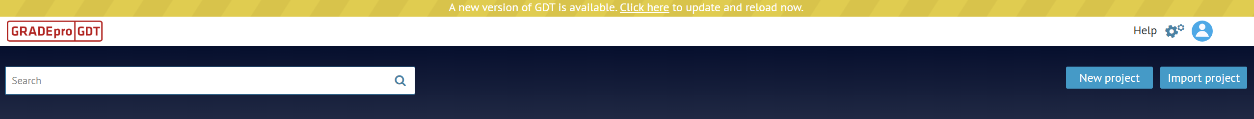 screenshot of main GRADEpro dashboard with notification about availability of new version of system