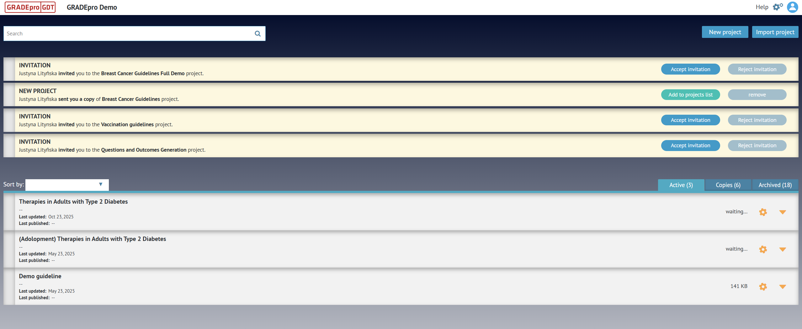 screenshot of main GRADEpro dashboard with projects list and notifications about new invitations to projects