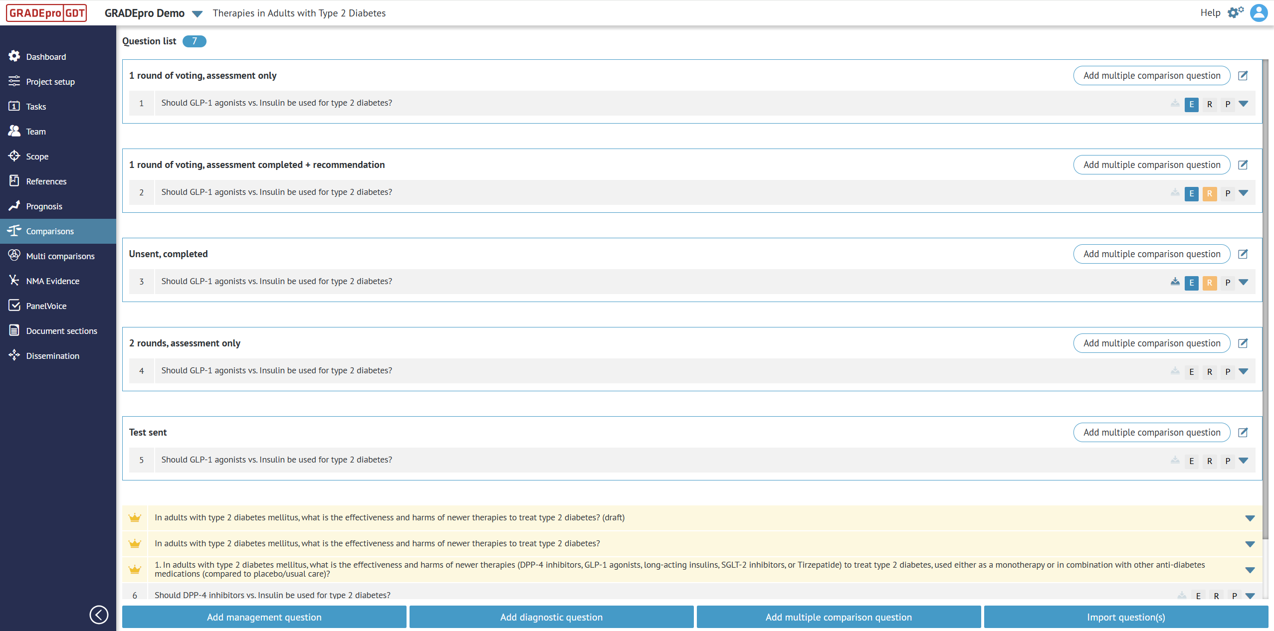 screenshot of 'Comparisons' tab in project