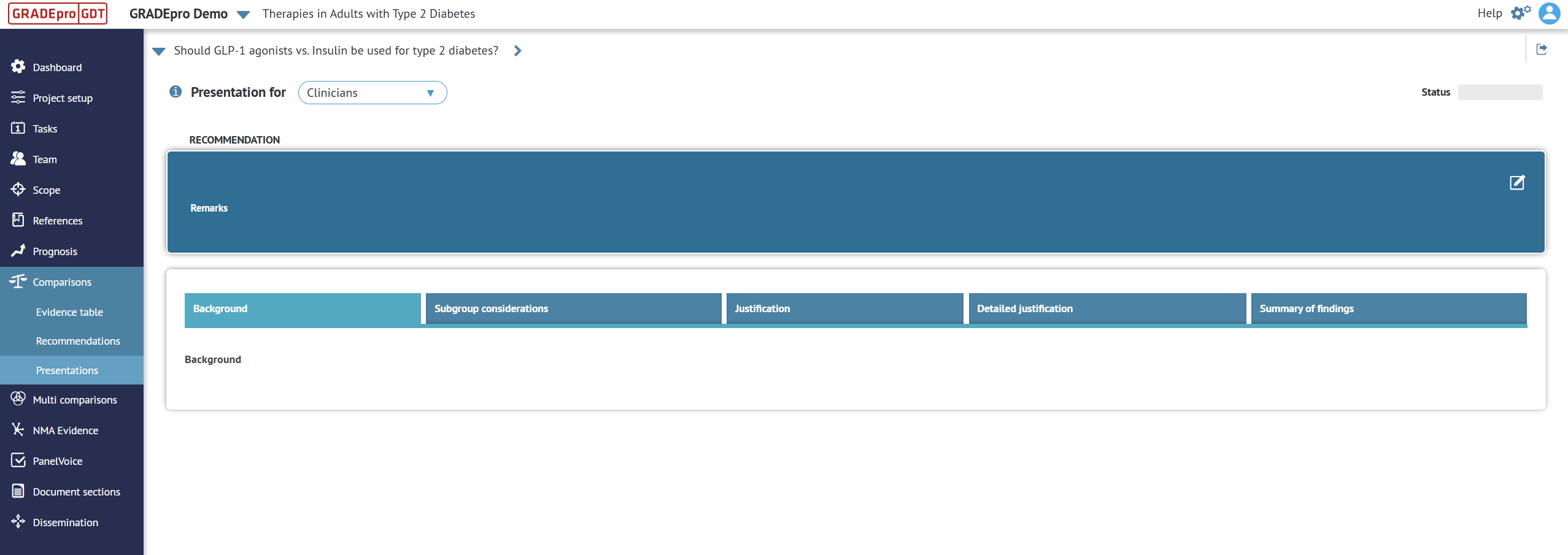 screenshot of 'Presentations' tab in project