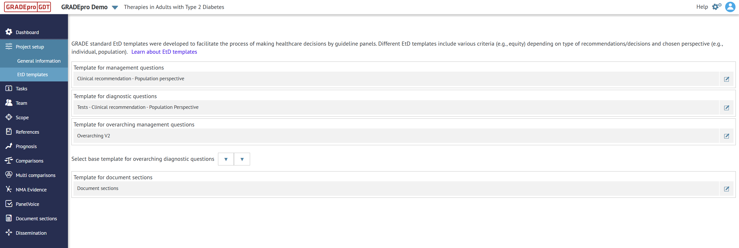 screenshot of 'EtD templates' tab in 'Project setup' of project