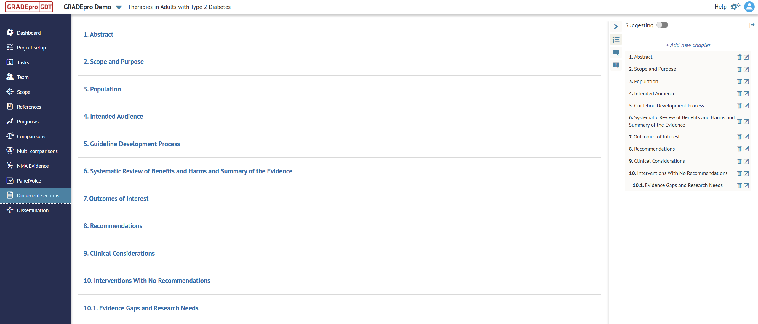 screenshot of 'Document sections' in project