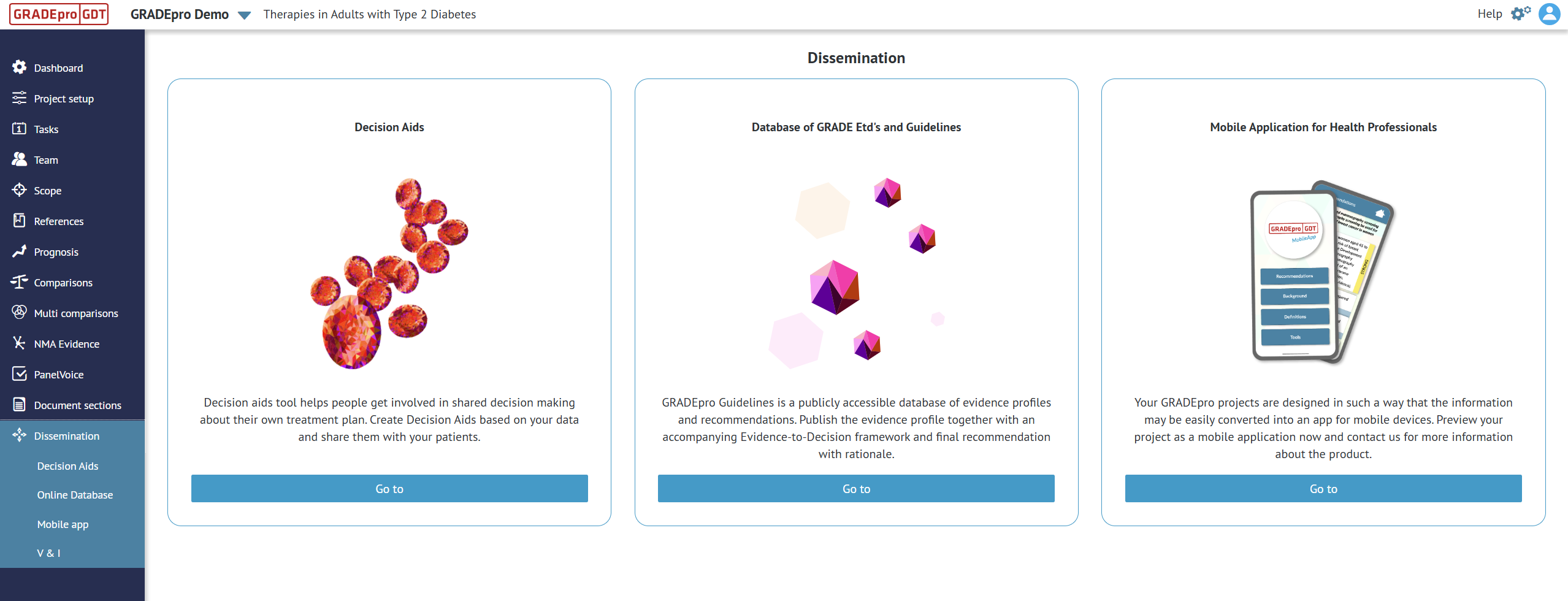 screenshot of 'Dissemination' section in project