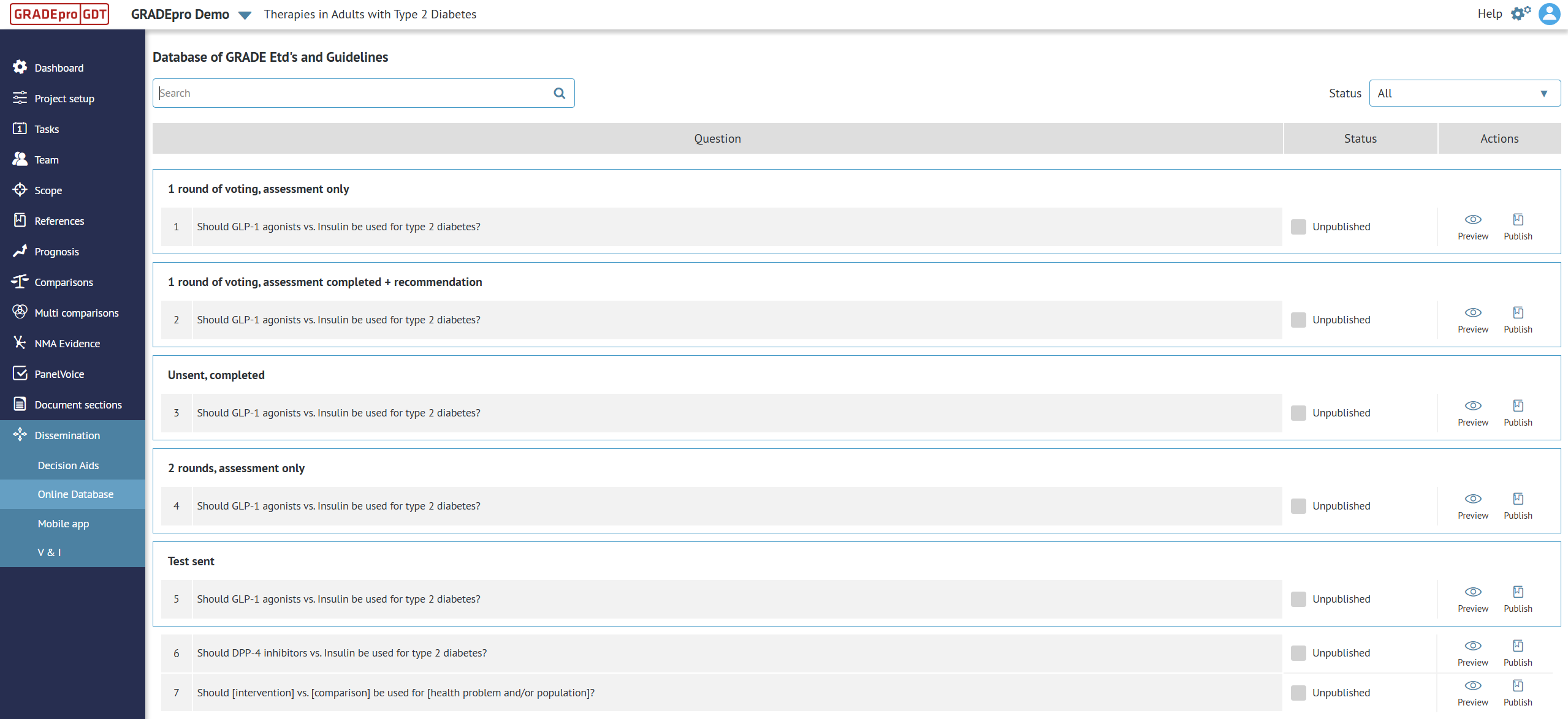 screenshot of 'Online Database' tab in 'Dissemination' section in project of free subscription