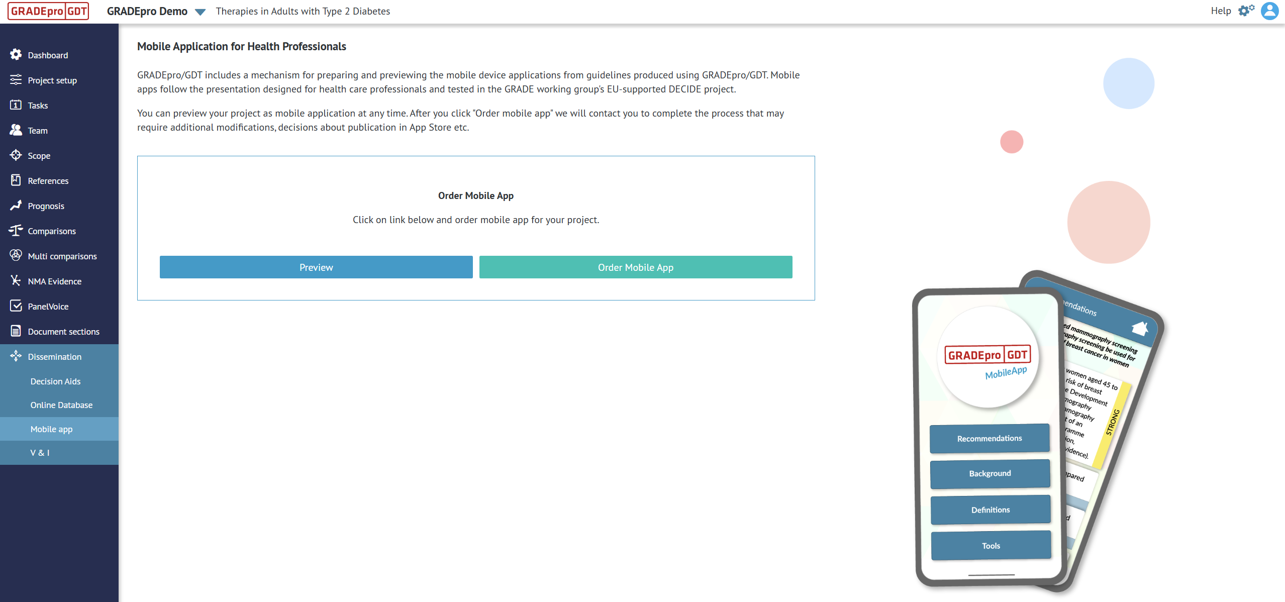 screenshot of 'Mobile app' tab of 'Dissemination' section in project