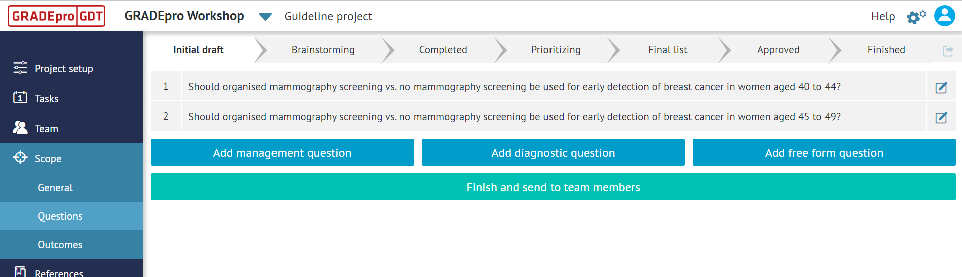 view of 'Scope' tab of the project presenting 'Questions' section and 'Initial draft' stage
