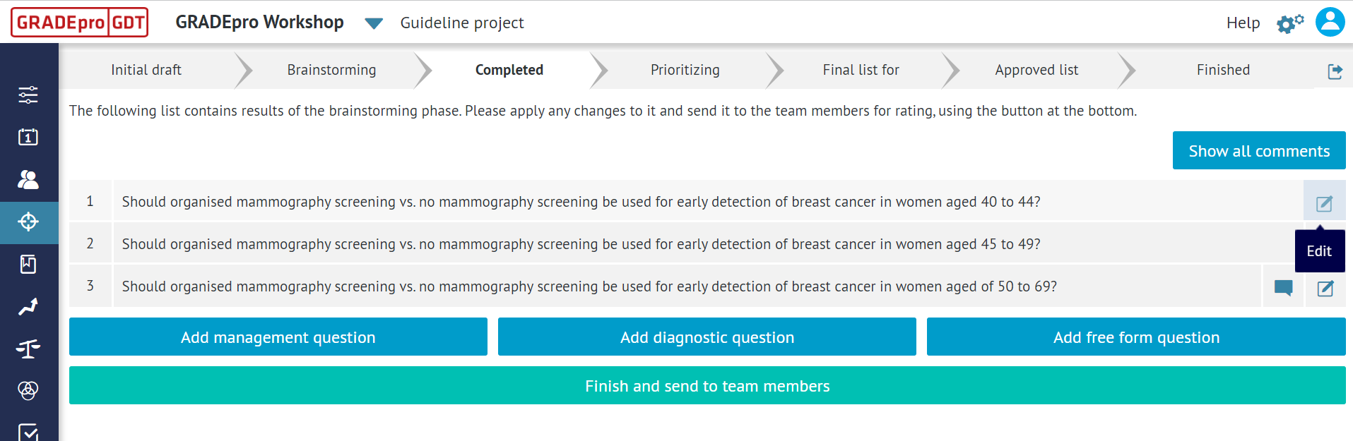 view of 'Scope' tab of the project presenting 'Questions' section and 'Completed' stage