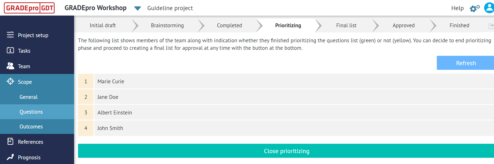view of 'Scope' tab of the project presenting 'Questions' section and 'Prioritizing' stage with list of team members marked in yellow