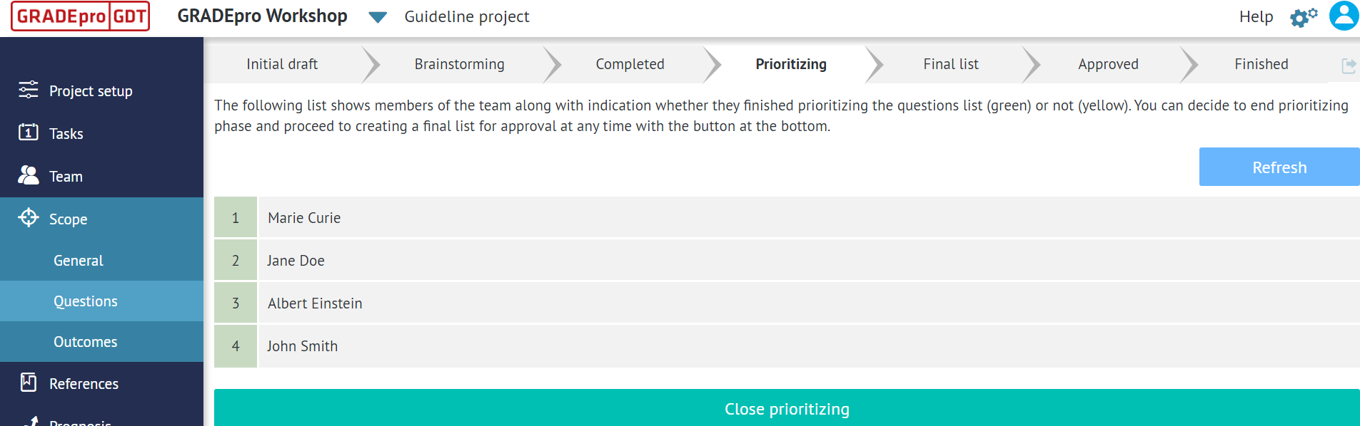 view of 'Scope' tab of the project presenting 'Questions' section and 'Prioritizing' stage with list of team members marked in green
