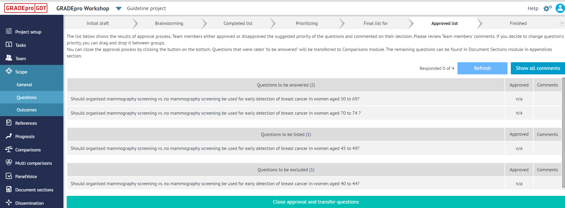 view of 'Scope' tab of the project presenting 'Questions' section and 'Approved list' stage