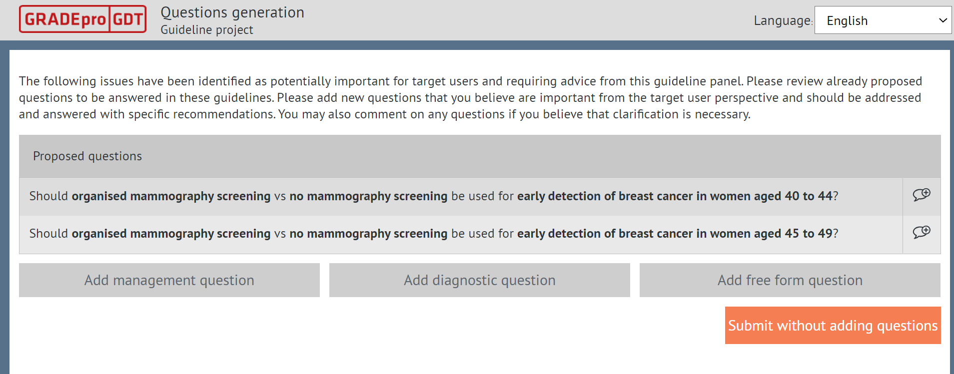 table sent to Panel Member containing proposed questions to be answered in the guideline