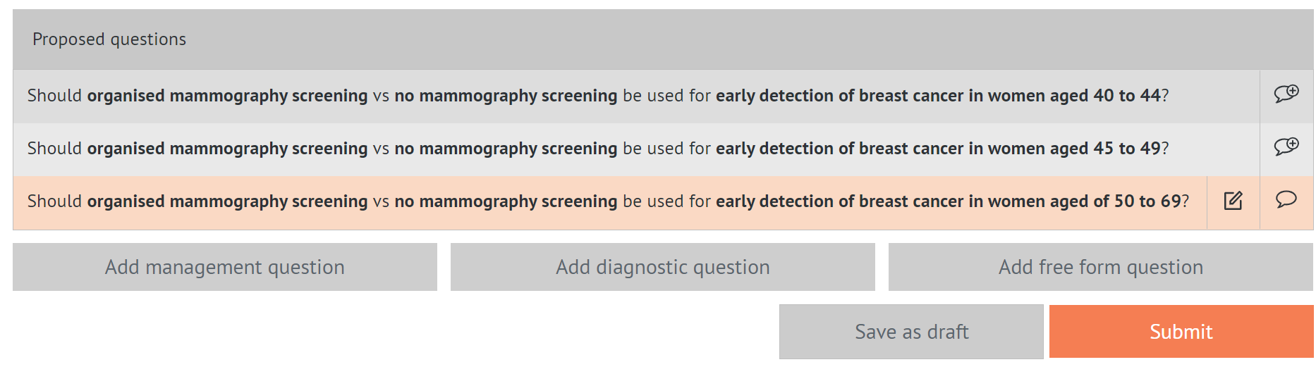 table with questions that were sent by project admin and questions added by Panel Member highlighted in orange