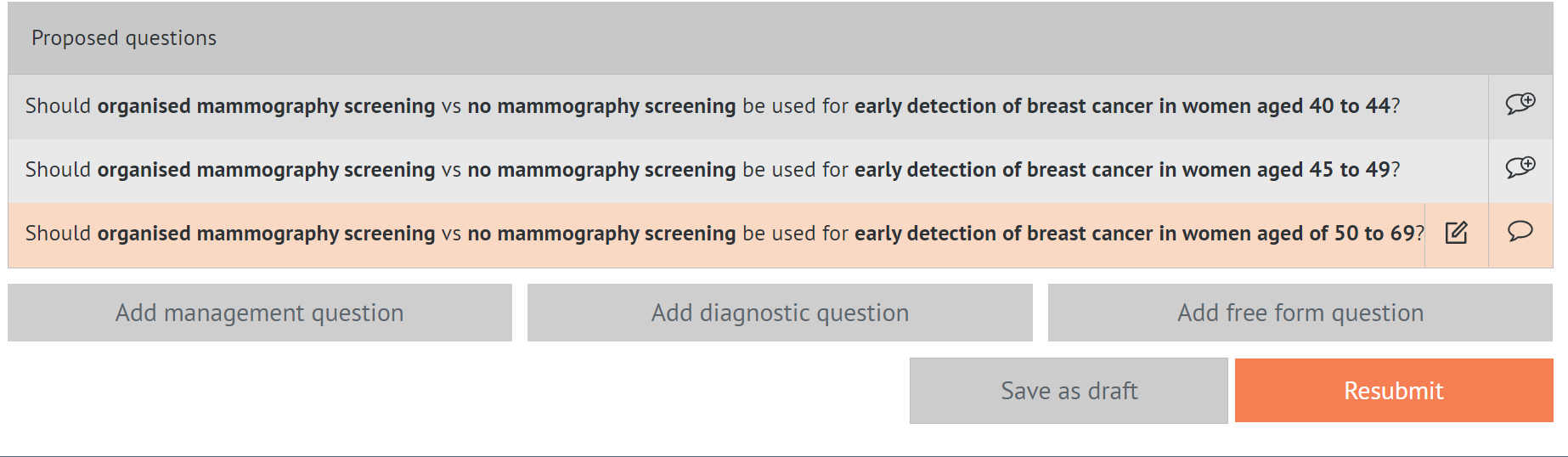 table with questions that were sent by project admin and questions added by Panel Member highlighted in orange