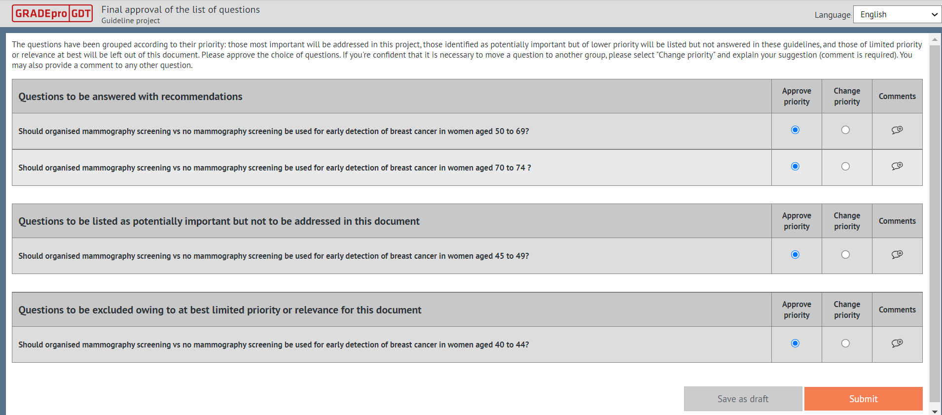 table with new survey grouping previous questions into sections: to be answered, to be listed, to be excluded