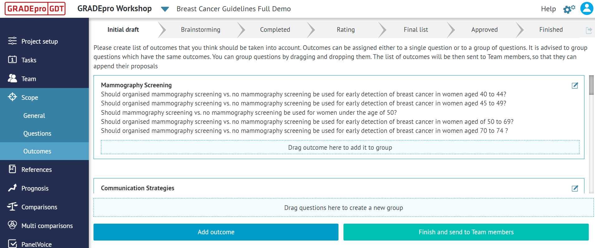 view of 'Scope' tab of the project presenting 'Outcomes' section and 'Initial draft' stage