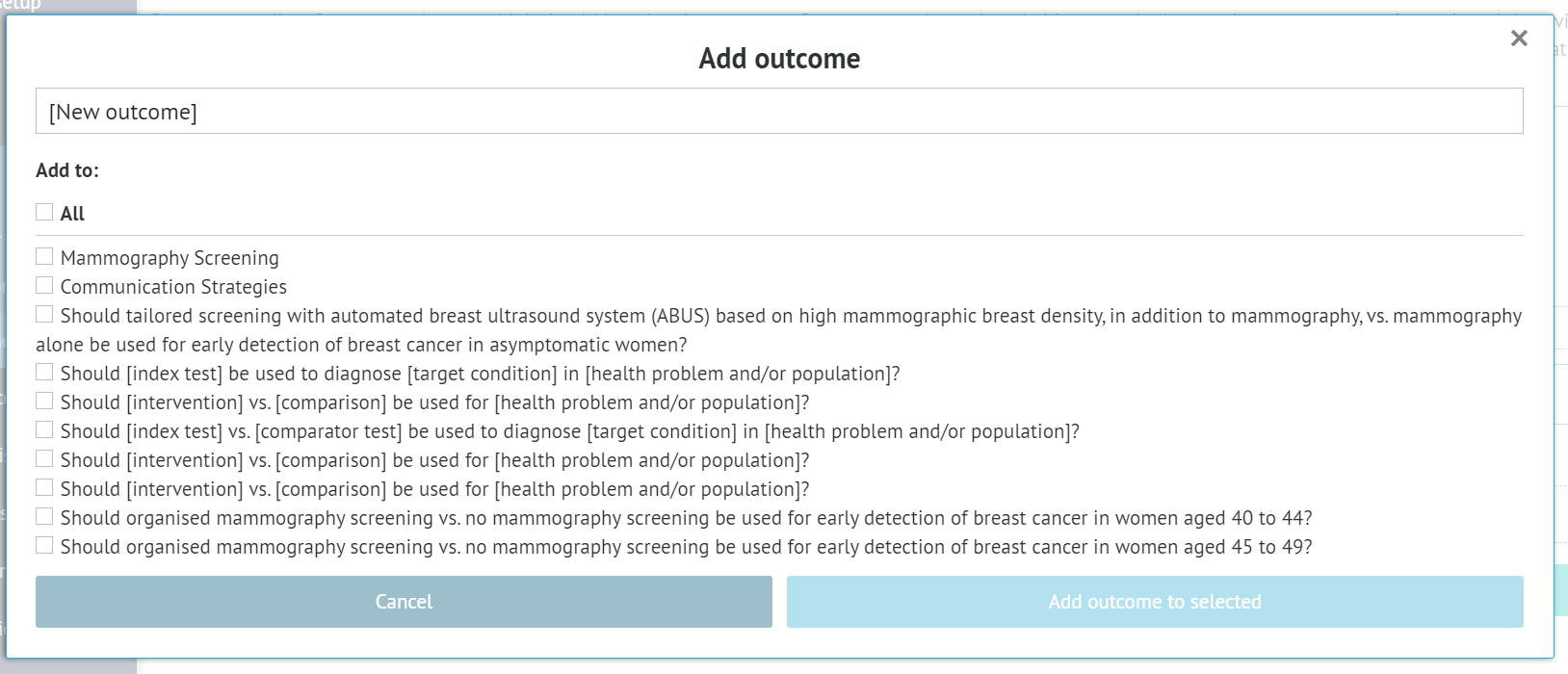 window of 'Add outcome' option