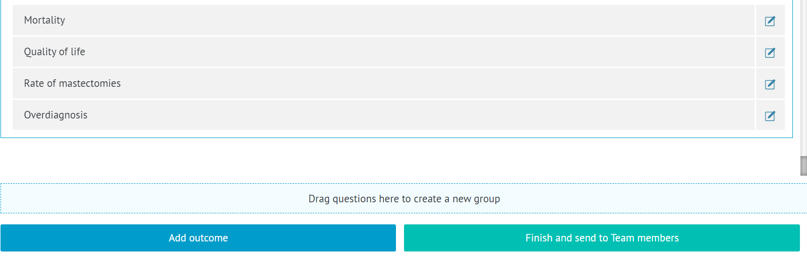 table displaying all outcomes added