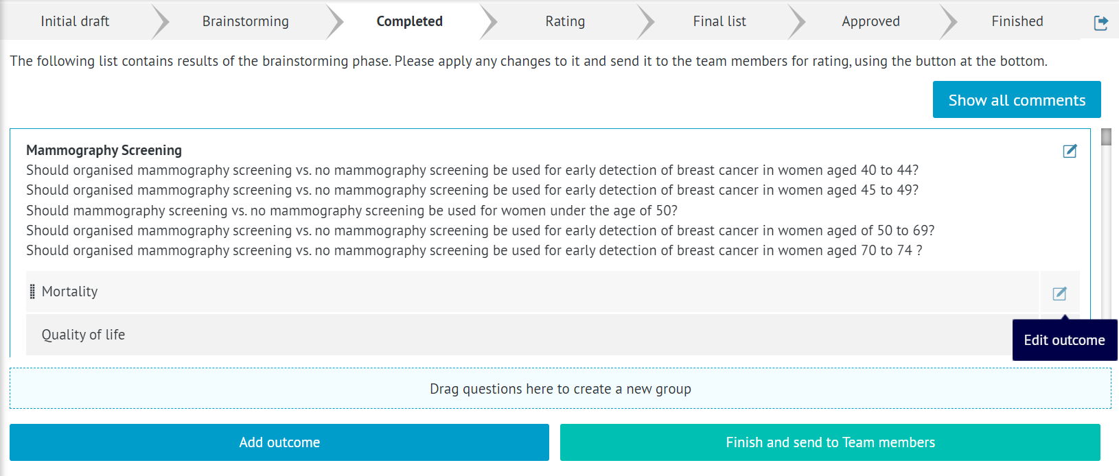 view of 'Scope' tab of the project presenting 'Outcomes' section and 'Completed' stage