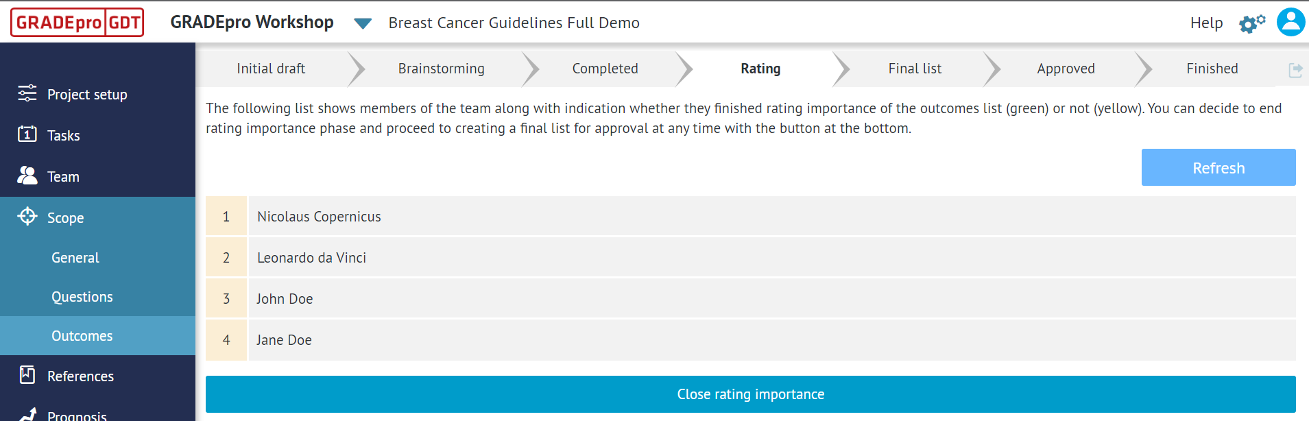 view of 'Scope' tab of the project presenting 'Outcomes' section and 'Rating' stage with list of Panel members marked in yellow