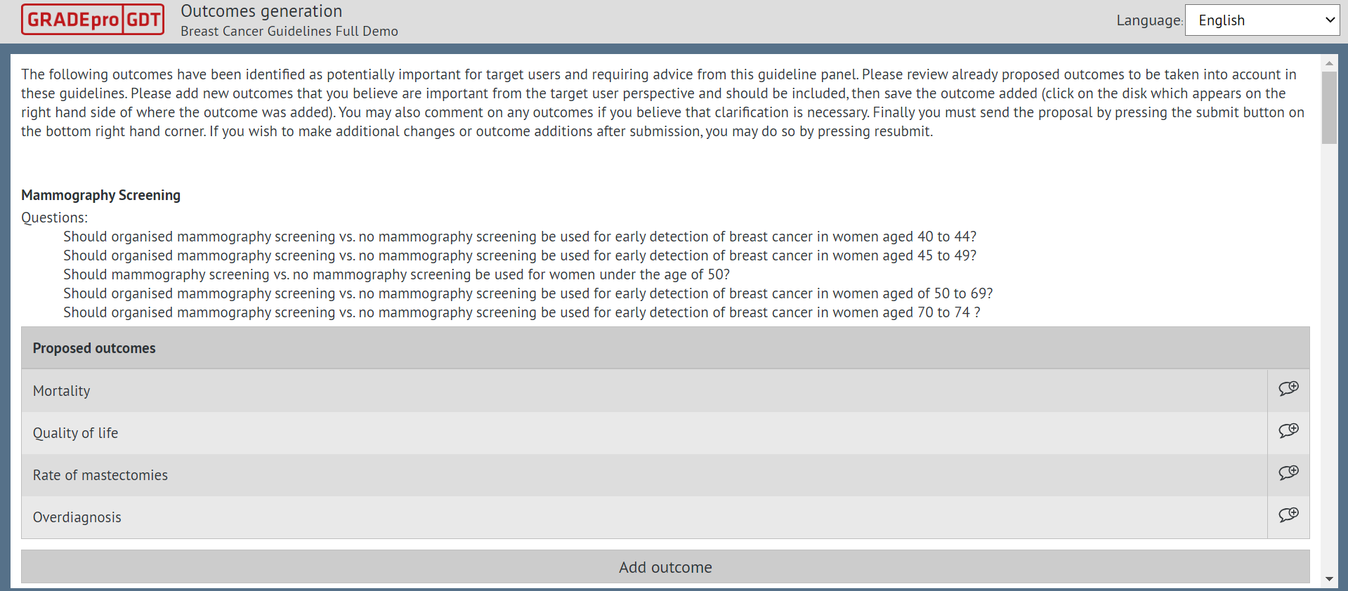 table sent to Panel Member with outcomes suggested by project admin