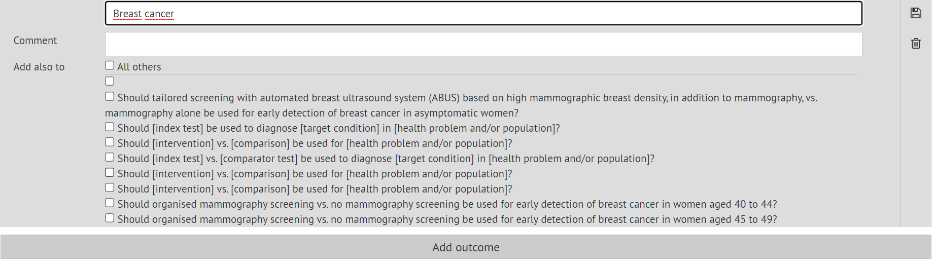 Adding outcome table