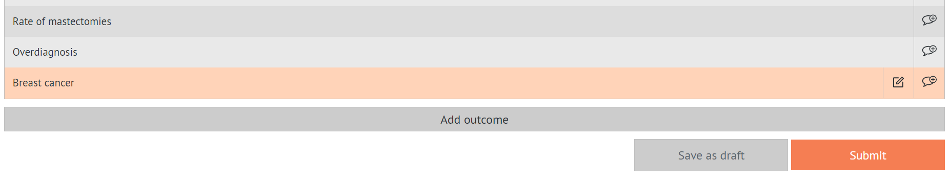 table of outcomes with edit and comment icons on right hand side